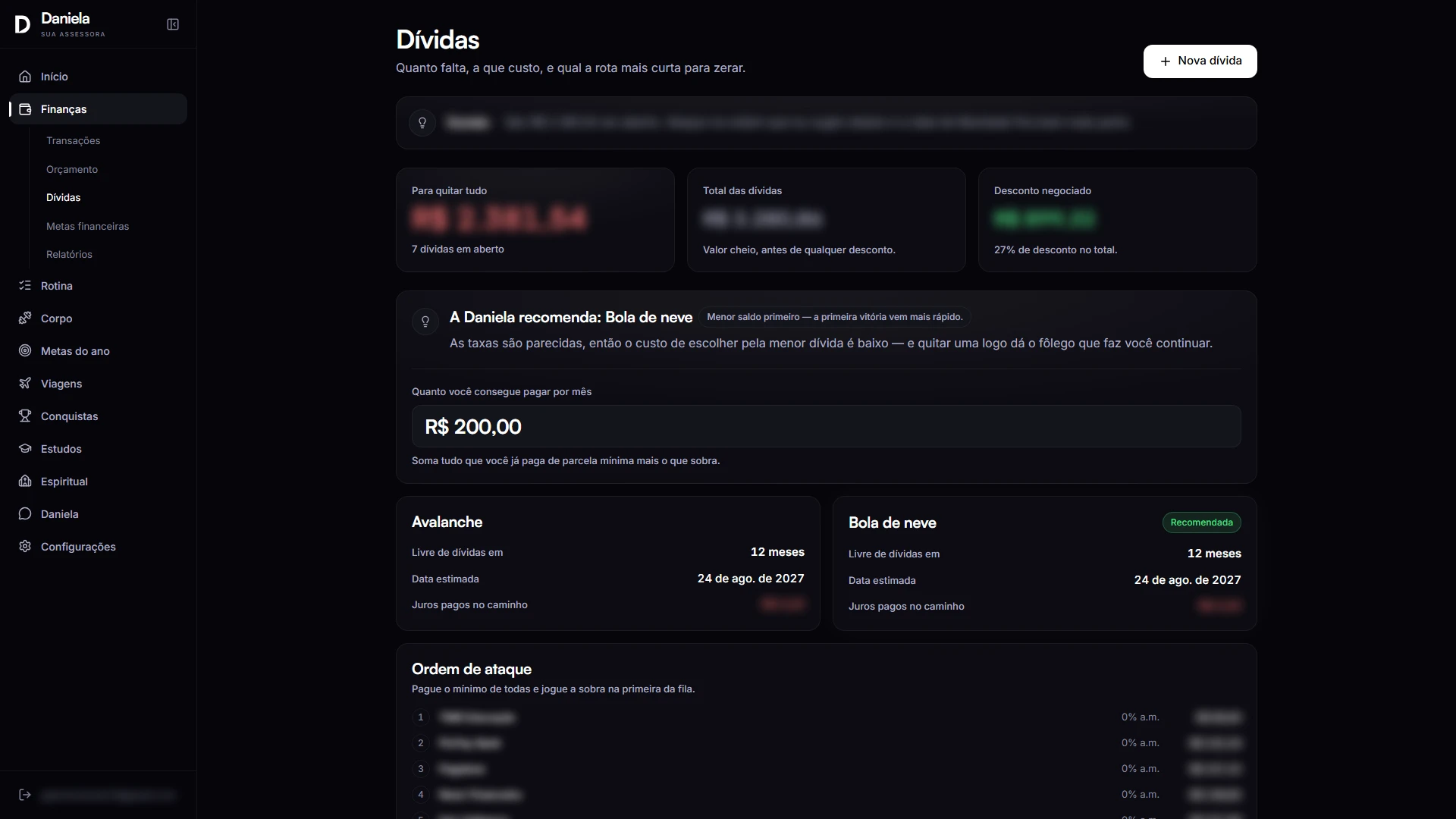 Daniela app debt screen comparing payoff strategies, figures and creditors blurred