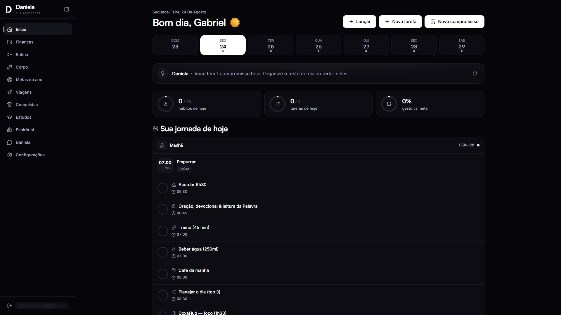 Daniela app dashboard with the week, the day's counters and the morning schedule