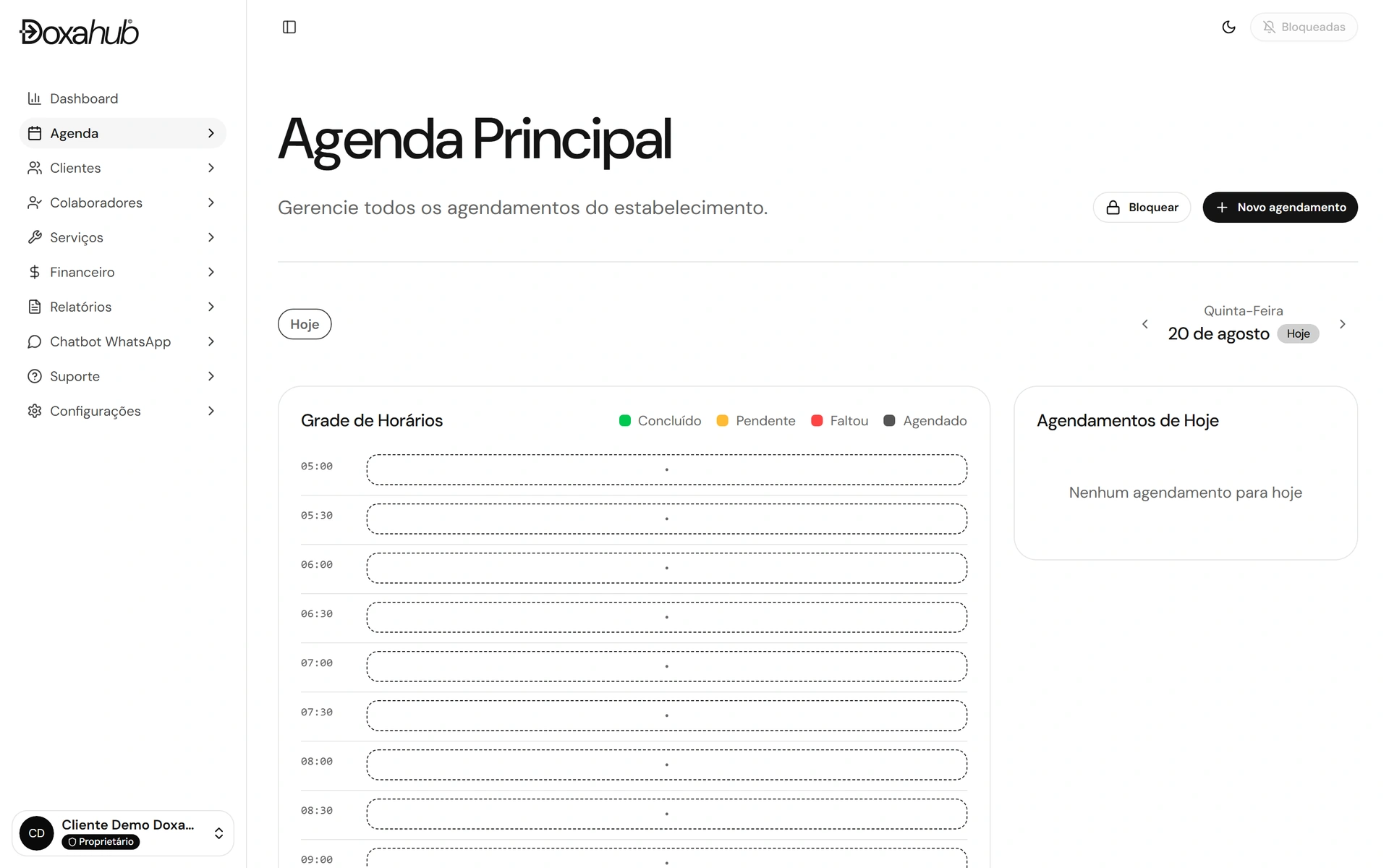 Agenda principal de DoxaHub con la grilla de horarios del día