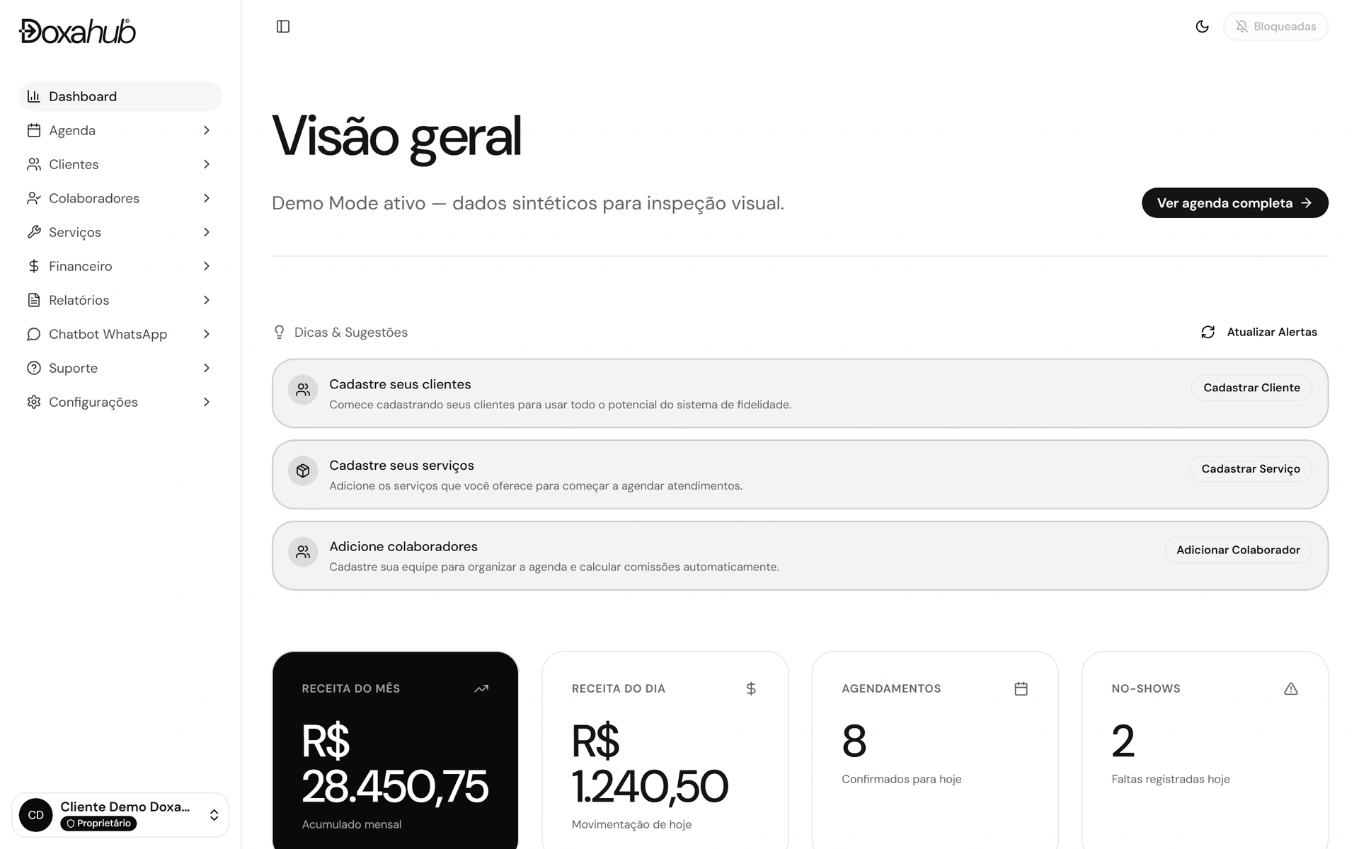 Panel de DoxaHub con ingresos del mes, del día y turnos