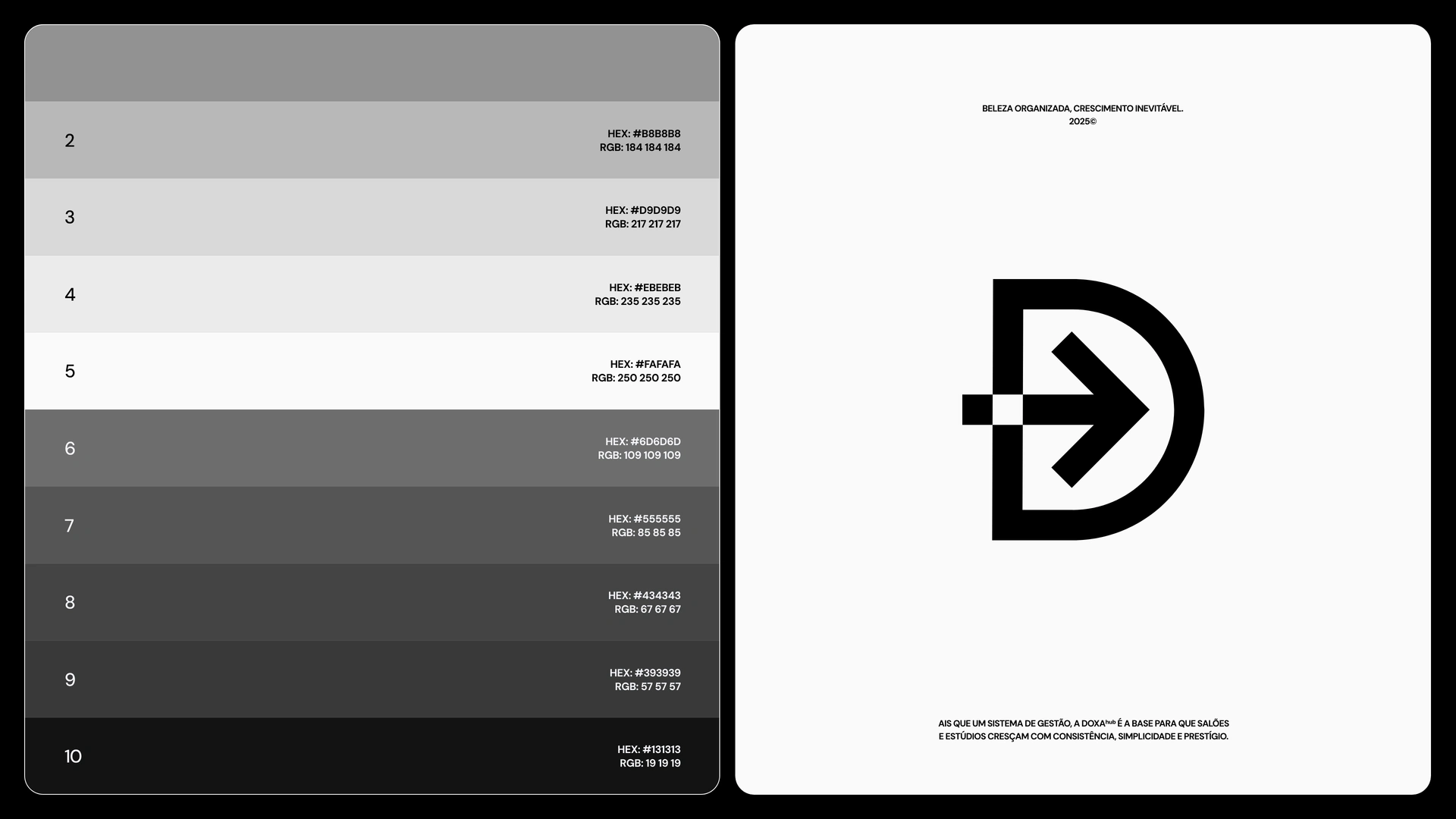 Paleta de grises de DoxaHub con códigos HEX y RGB, junto a la tarjeta de firma de la marca