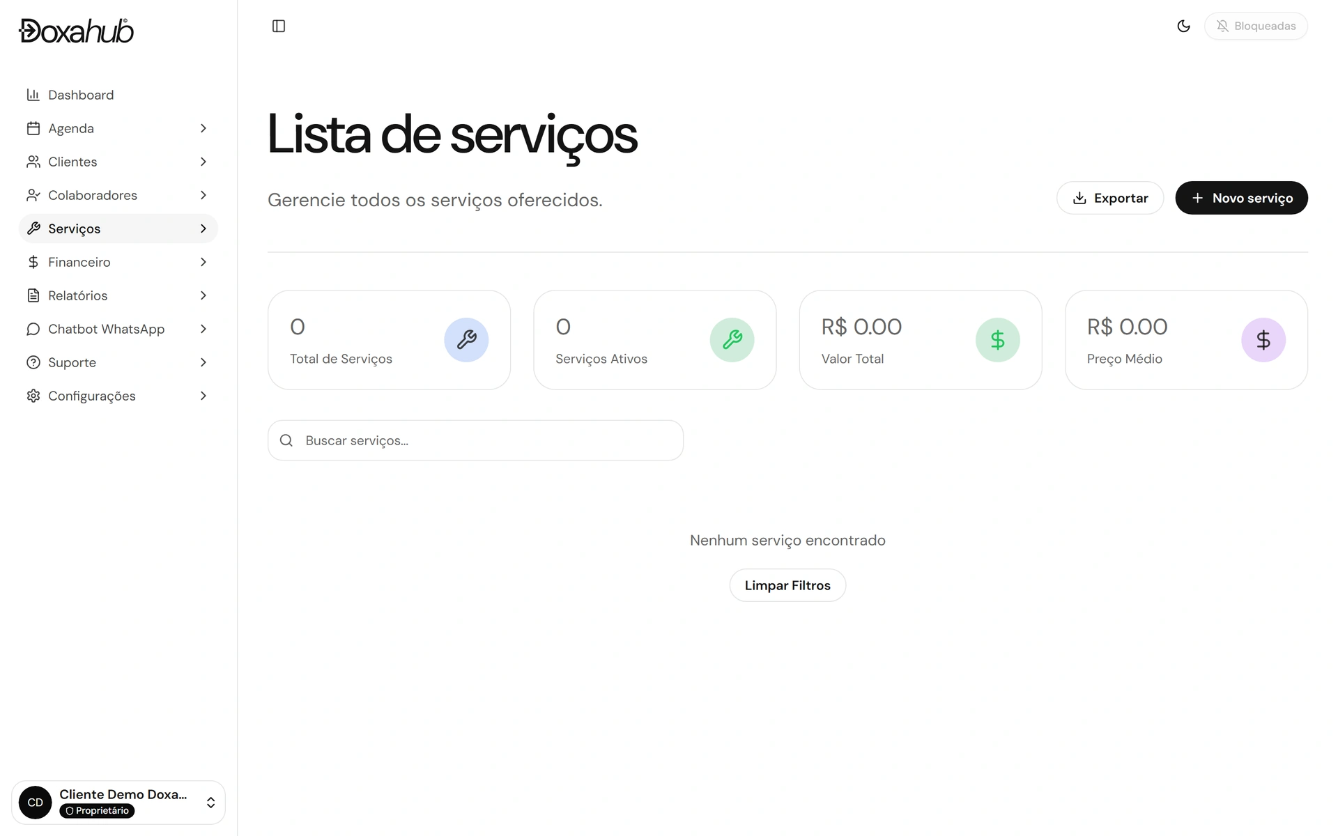 Lista de servicios de DoxaHub con totales y precio medio