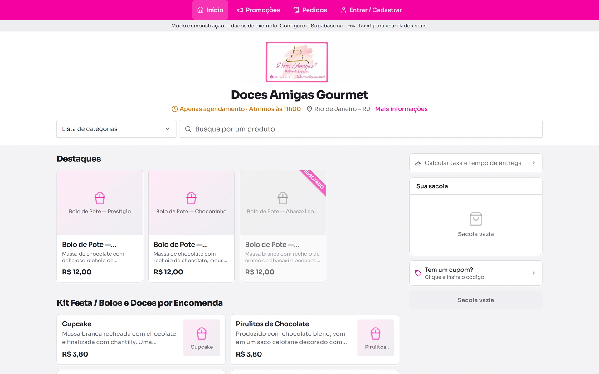 Carte numérique Doces Amigas Gourmet avec mises en avant, recherche et panier