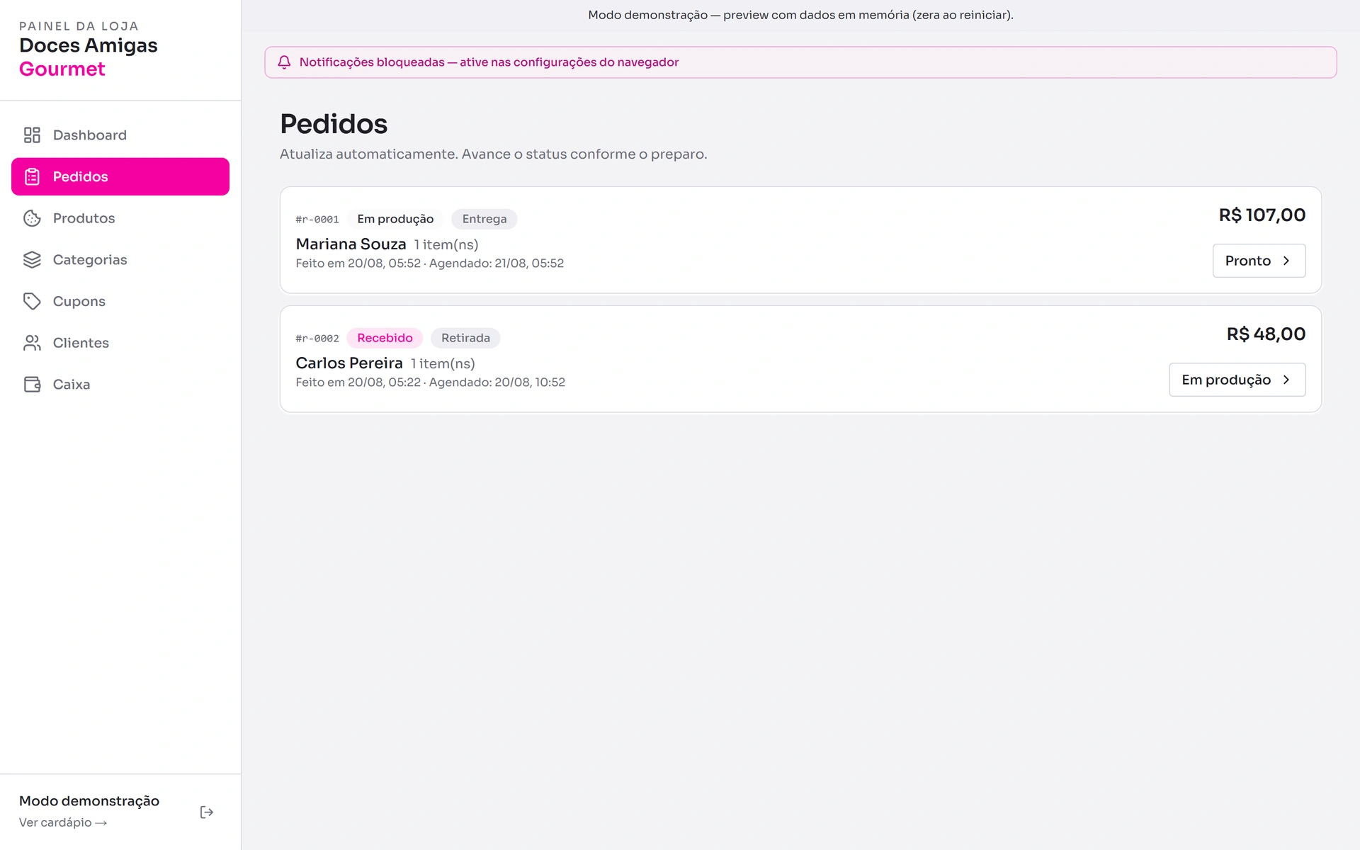 Liste des commandes dans le tableau de bord administratif