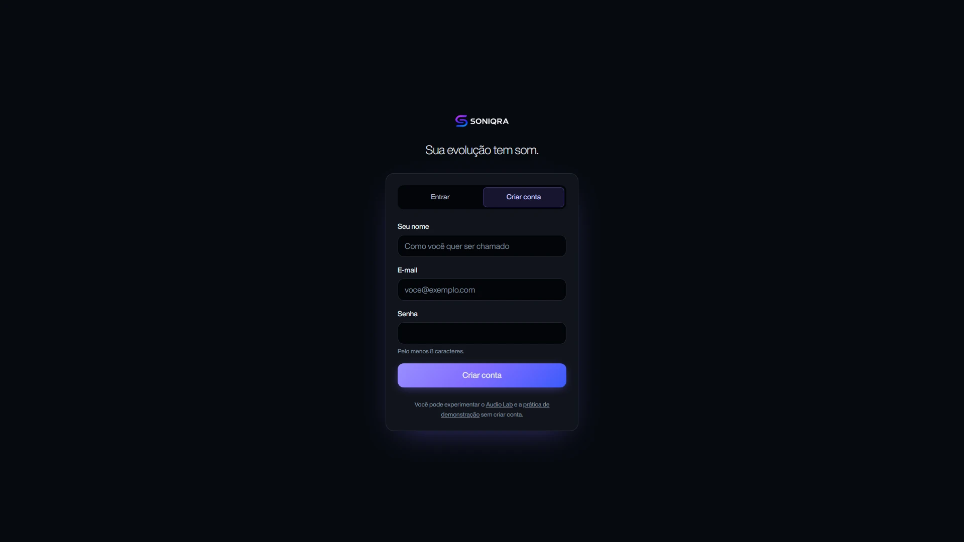 SONIQRA account creation tab with name, e-mail and password