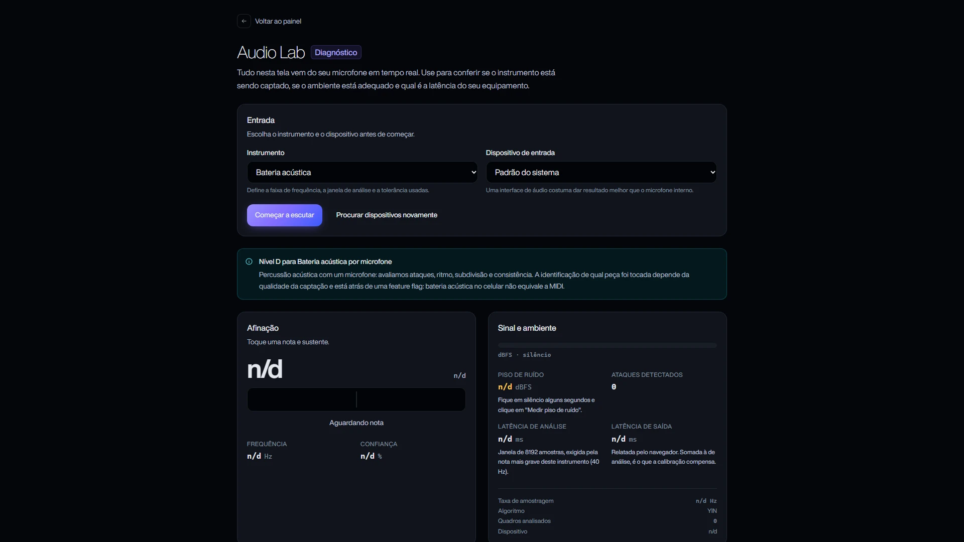 SONIQRA Audio Lab with acoustic drums selected and the level D declaration