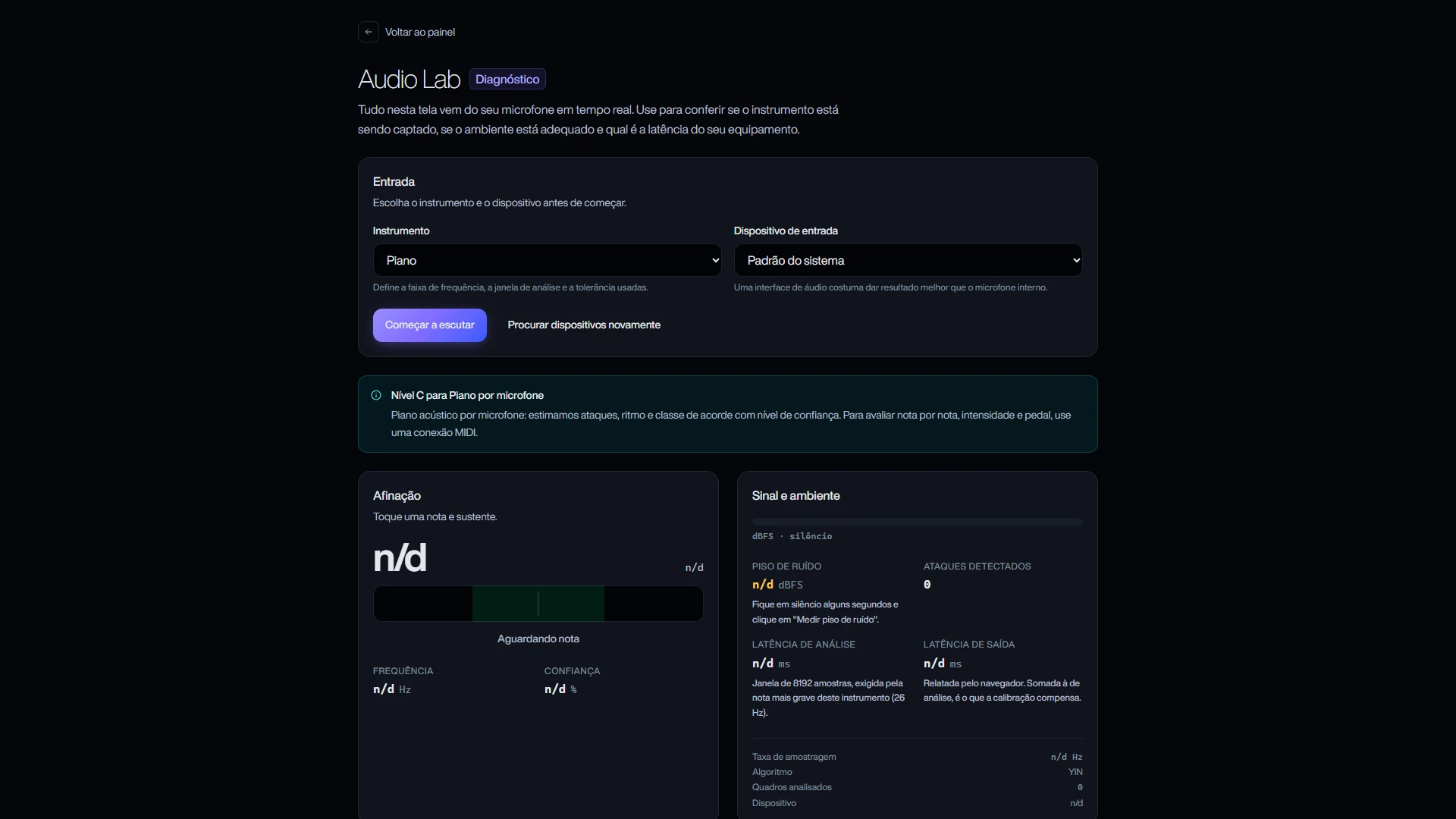 SONIQRA Audio Lab with piano selected and the level C declaration