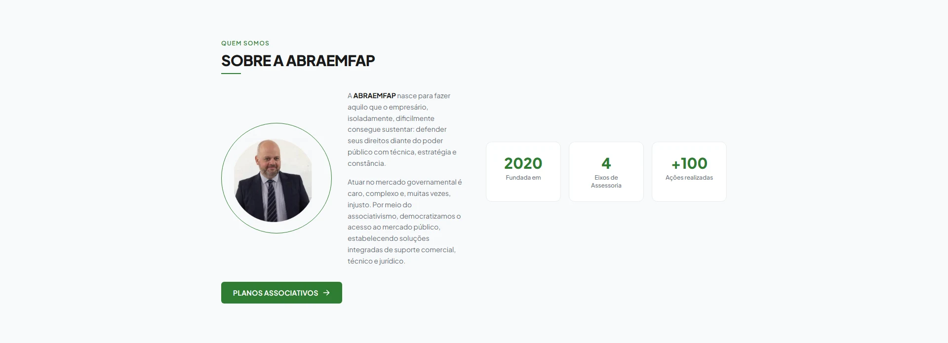 ABRAEMFAP about us section, with institutional text and the association's figures